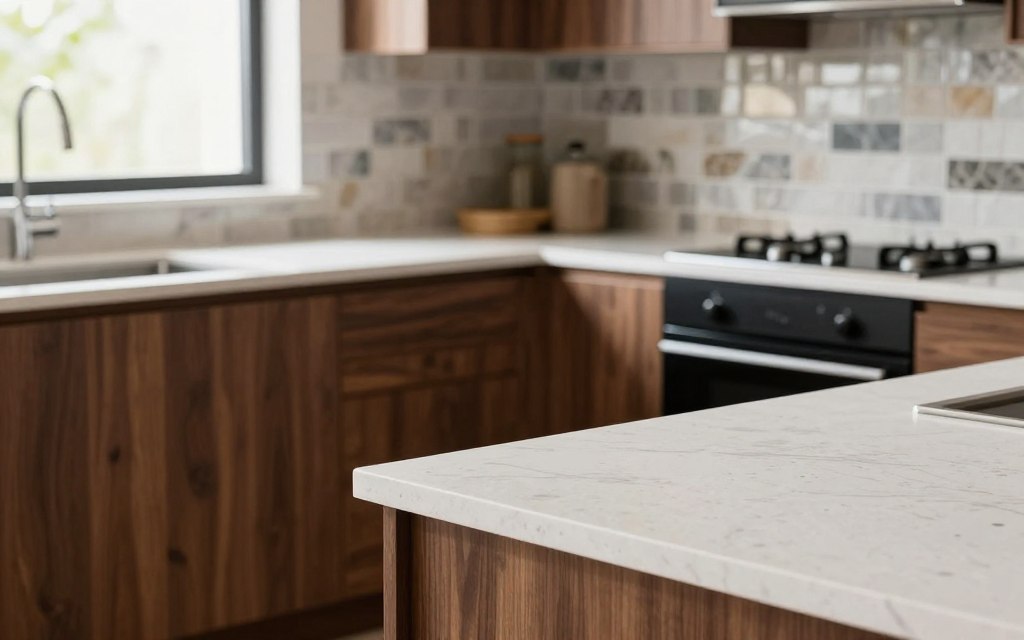 A beautifully arranged kitchen showcasing a variety of popular kitchen materials and finishes. In the foreground, a sleek countertop made of white quartz with subtle grey veining. In the middle ground, cabinetry made from rich walnut wood, displaying both modern and traditional design elements, alongside a glossy, high-quality cabinetry option in matte black. The background features a subtle blend of backsplash tiles in different textures like glass, ceramic, and stone, demonstrating their unique patterns and colors. Natural light pours in through a large window, creating a warm and inviting atmosphere. The scene is captured with a shallow depth of field, focusing on the textures of the materials while softly blurring the background, emphasizing the richness and variety of contemporary kitchen finishes.