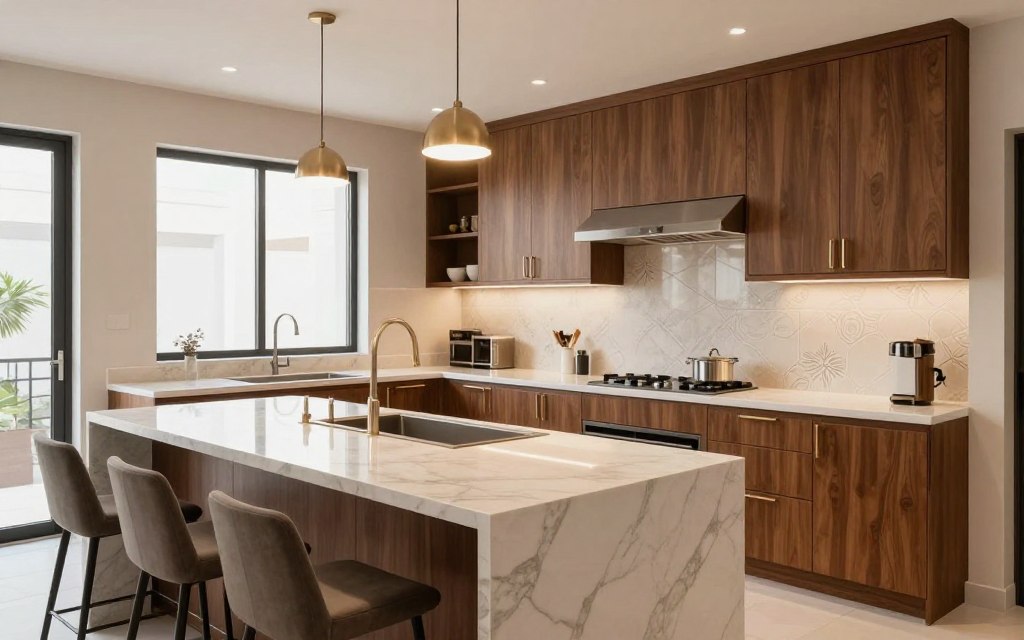 A beautifully designed kitchen interior, highlighting the latest trends in Riyadh's custom kitchen designs. The foreground features a sleek kitchen island with a polished marble countertop, accompanied by stylish bar stools and modern pendant lighting. In the middle, an elegant arrangement of cabinets showcases rich wood finishes and contemporary handles, with a subtle backsplash of intricate tile patterns. In the background, large windows provide natural light, illuminating the space and creating a warm ambiance. The overall atmosphere is inviting and professional, emphasizing the blend of functionality and aesthetics in kitchen design. The scene is captured from a slightly elevated angle to showcase the entirety of the kitchen layout, with a focus on clean lines and modern decor.