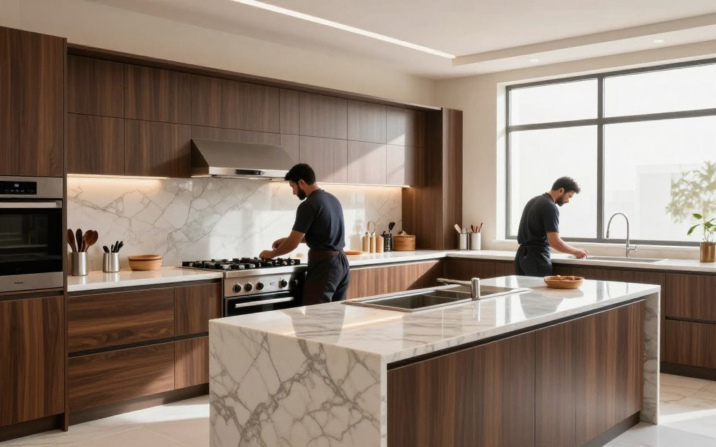 A beautifully designed modern kitchen in Riyadh showcasing a range of high-quality materials and stylish finishes. In the foreground, display elegant kitchen features like sleek cabinets, luxurious countertops, and high-end appliances. In the middle ground, incorporate skilled craftsmen working meticulously on custom cabinetry, dressed in professional attire, emphasizing the precision and care involved in kitchen detailing. The background features a bright and airy atmosphere with warm, natural lighting streaming through large windows, highlighting the textures of wood and the sheen of marble. Capture a sense of professionalism and creativity in the design process, with a focus on the factors influencing kitchen pricing, creating a sophisticated and appealing visual narrative.