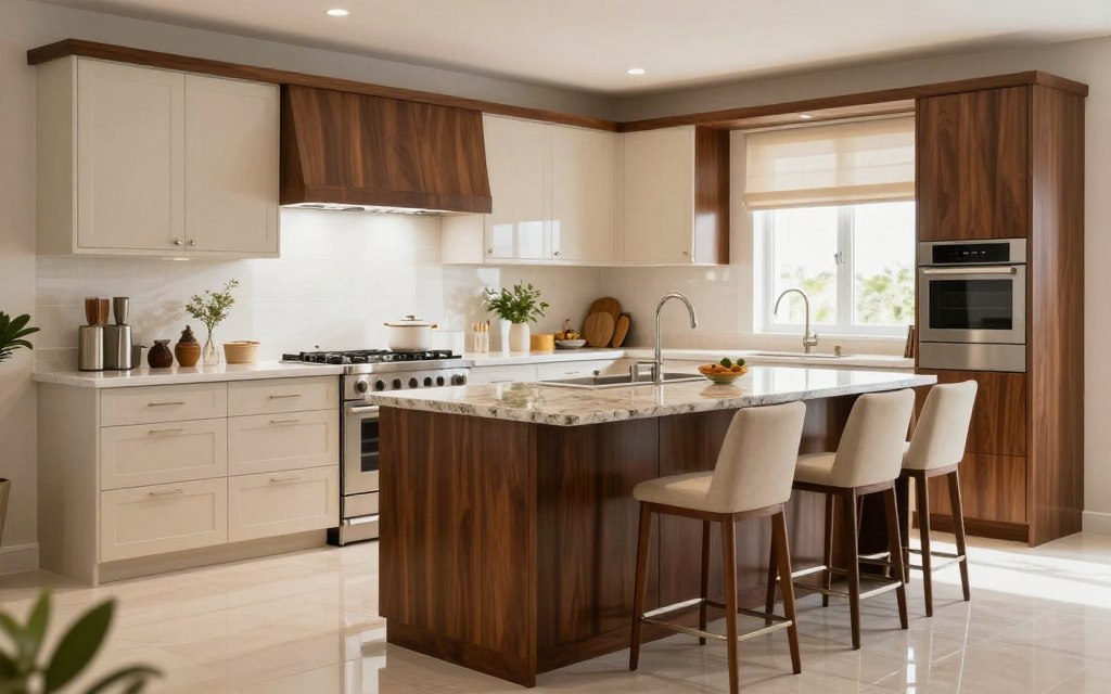 A beautifully designed modern kitchen in Riyadh, showcasing a ready-made kitchen setup. The foreground features sleek cabinetry with a mix of light and dark wood finishes, accentuated by metallic handles. In the middle, a central island with a polished granite countertop, and stylish bar stools invites interaction. Bright, natural light streams through a large window, enhancing the open feel. The background reveals elegant kitchen appliances, carefully arranged, and decorative plants adding a touch of freshness. The atmosphere is warm and inviting, suggesting a perfect space for family gatherings. The image should convey a sense of luxury combined with practicality, framed with a slight depth of field effect to focus on the kitchen's intricate details, all shot from a slightly elevated angle to capture the entire layout.