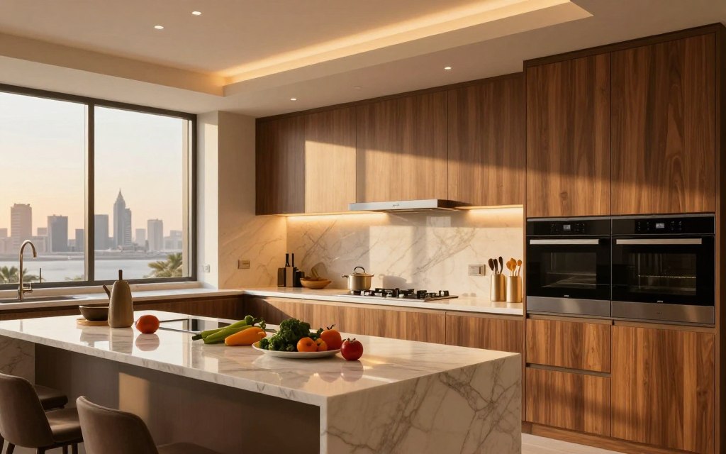 A beautifully designed modern kitchen in Riyadh, showcasing an elegant blend of traditional and contemporary elements. In the foreground, a sleek island counter made of polished marble, adorned with fresh vegetables and stylish kitchenware. The middle of the image features a stunning array of kitchen cabinets with a warm wood finish, equipped with high-end appliances glinting under soft, inviting lighting. In the background, large windows reveal a glimpse of the Riyadh skyline, bathed in golden hour light, creating a warm and luxurious atmosphere. The overall mood is inviting and aspirational, emphasizing the golden opportunity to experience significant discounts on kitchen offerings this year, without any text or branding present.