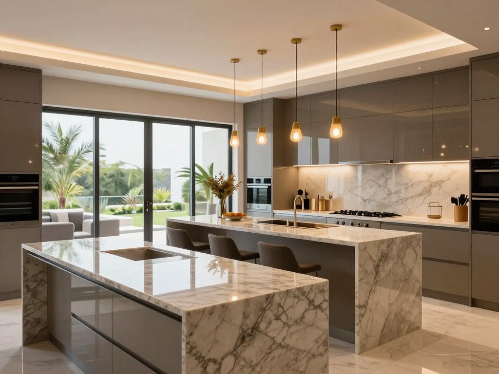 A beautifully designed modern kitchen in Riyadh, showcasing smart lighting and innovative layout. In the foreground, sleek countertops made of polished granite and immaculate cabinetry reflect a blend of elegance and functionality. The middle ground features a large island with bar stools, under pendant lights that emit a warm, inviting glow, highlighting the kitchen’s spacious layout. In the background, large windows flood the room with natural light, creating a bright and airy atmosphere, with lush greenery visible outside. The overall mood is contemporary and sophisticated, capturing the essence of innovative kitchen design. The image should reflect a harmonious balance between practicality and aesthetic appeal, ideal for a modern lifestyle.