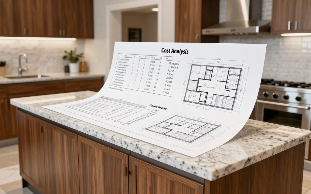 A detailed cost analysis of a custom kitchen design based on measurements, featuring a professional workspace. In the foreground, a sleek modern kitchen with high-end materials like granite countertops, wooden cabinetry, and stainless steel appliances. The middle ground showcases an infographic layout with visual elements representing cost breakdowns and measurement plans, portrayed on a large sheet of paper. The background offers a blurred view of a well-lit kitchen showroom, enhancing the atmosphere of professionalism. Use natural lighting to highlight the textures and colors of the materials, shot from a slightly elevated angle to capture the entire scene. The mood is informative and sophisticated, aimed at conveying the intricacies of kitchen design costs.
