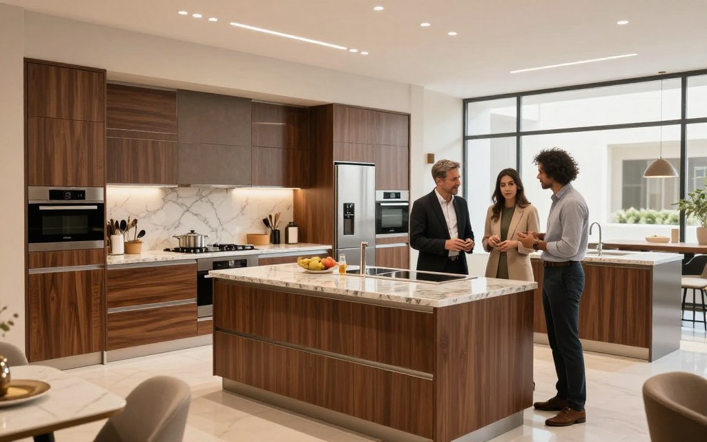 A luxurious kitchen showroom in Riyadh, showcasing a variety of tailored kitchen designs. In the foreground, a well-dressed designer interacts with a couple discussing options, emphasizing professionalism. The middle ground features a selection of modern kitchen layouts with rich wood cabinetry, sleek granite countertops, and stylish appliances. Soft, warm lighting accentuates the details and textures, creating an inviting atmosphere. The background displays a bright, airy space with large windows allowing natural light to pour in, enhancing the openness of the showroom. The overall mood conveys sophistication and creativity, illustrating the essence of selecting the best kitchen design company in Riyadh. A luxurious kitchen showroom in Riyadh, showcasing a variety of tailored kitchen designs. In the foreground, a well-dressed designer interacts with a couple discussing options, emphasizing professionalism. The middle ground features a selection of modern kitchen layouts with rich wood cabinetry, sleek granite countertops, and stylish appliances. Soft, warm lighting accentuates the details and textures, creating an inviting atmosphere. The background displays a bright, airy space with large windows allowing natural light to pour in, enhancing the openness of the showroom. The overall mood conveys sophistication and creativity, illustrating the essence of selecting the best kitchen design company in Riyadh.