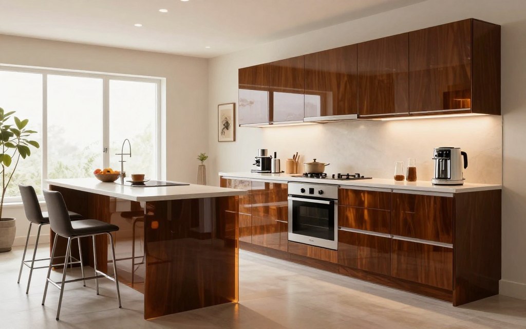 A modern acrylic kitchen design showcasing elegance and functionality. In the foreground, highlight sleek acrylic cabinets in a rich, glossy finish with unique handles and a spacious countertop adorned with stylish kitchen appliances. The middle ground features a well-lit kitchen island with bar stools, emphasizing a cozy yet sophisticated atmosphere. In the background, large windows allow natural light to flood the space, illuminating soft, neutral-colored walls and contemporary decor. Use warm and inviting lighting to create a welcoming mood, while maintaining a clean and minimalist aesthetic. Capture the image from a slightly angled perspective to add depth, suggesting a spacious, organized, and stylish kitchen environment suitable for modern living.