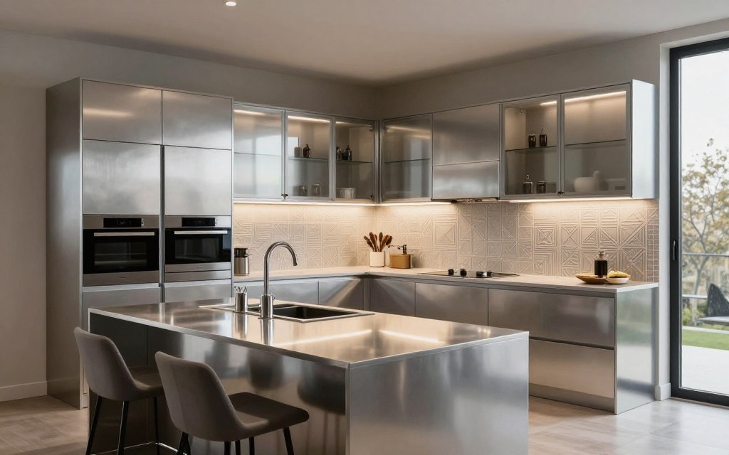 A modern aluminum kitchen design for 2026, showcasing sleek lines and a minimalist aesthetic. In the foreground, a stylish kitchen island with a polished surface, complemented by contemporary bar stools. The middle features an array of aluminum cabinets with glass doors, strategically lit to highlight their metallic sheen. The backsplash has intricate geometric tiles that add texture and interest. In the background, large windows flood the space with natural light, creating a warm atmosphere. Use soft, diffused lighting to enhance the inviting feel of the kitchen. The overall mood is elegant and sophisticated, suitable for showcasing the latest trends in modern kitchen design. Capture this scene from a slightly elevated angle for a comprehensive view.