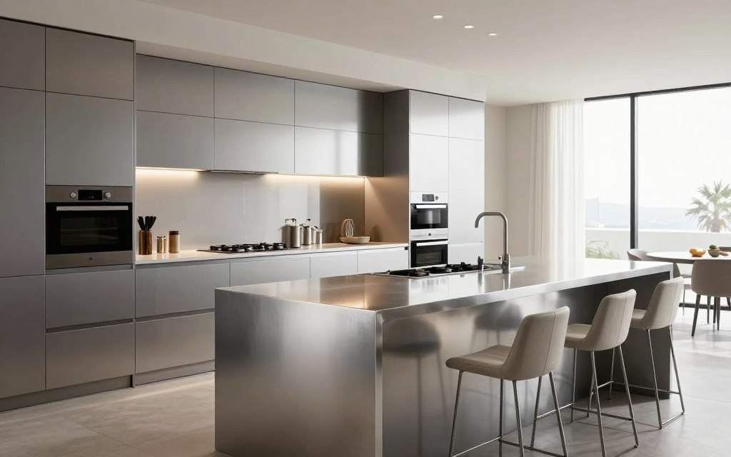 A modern aluminum kitchen designed for luxury, showcasing sleek lines and high-end finishes. The foreground presents a stylish kitchen island with a polished aluminum surface, accented by elegant bar stools. In the middle, a seamless layout features integrated appliances, minimalist cabinetry, and elegant lighting fixtures that cast a warm glow. The background reveals a spacious open-plan design, with large windows allowing natural light to stream in, enhancing the airy atmosphere. The color palette consists of soft grays and whites, creating a clean and sophisticated look. The scene evokes a sense of luxury and practicality, reflecting contemporary design trends in Riyadh's upscale kitchens. Capture this angle from a slightly elevated perspective to showcase the full layout effectively.