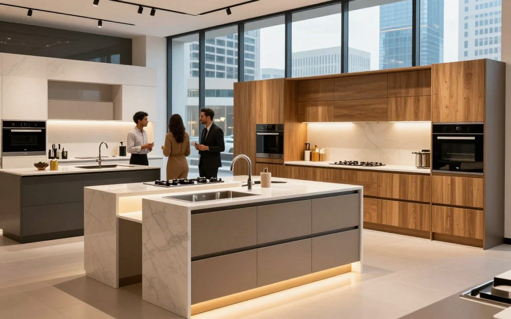 A modern and dynamic kitchen showroom in Riyadh, showcasing the latest trends in kitchen design for 2026. In the foreground, sleek kitchen islands with innovative storage solutions and high-end appliances are illuminated by warm, inviting lighting. The middle ground features stylish modular cabinets made from premium materials like oak and quartz, set against a backdrop of a contemporary urban skyline visible through large glass windows. The background captures a bustling interior space with customers discussing options with knowledgeable staff dressed in professional attire, creating a vibrant and engaging atmosphere. The overall mood is one of sophistication and excitement about the evolution of kitchen designs, highlighting both functionality and aesthetic appeal. Bright, soft lighting enhances the modern features, adding a touch of elegance to the scene.