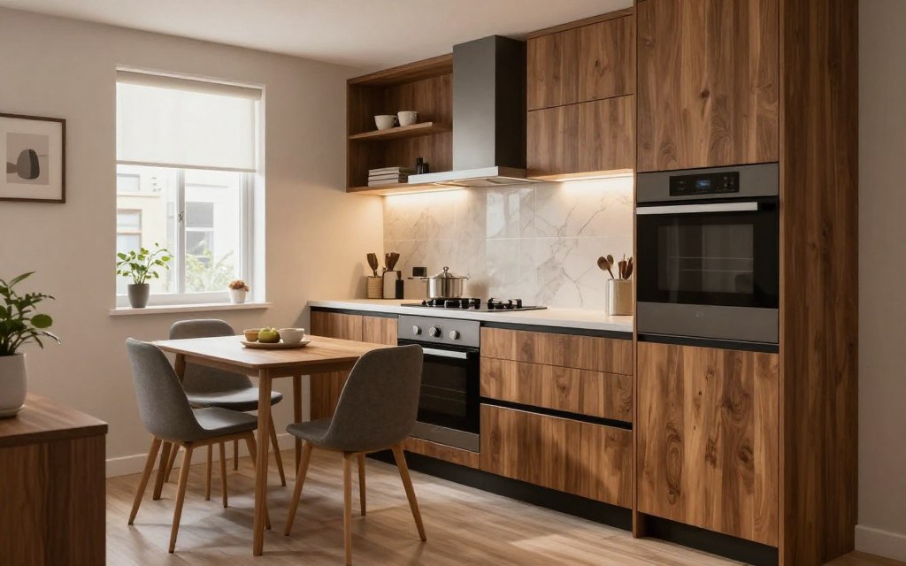 A modern, compact kitchen design tailored for small spaces, showcasing a seamless blend of functionality and style. The foreground features sleek cabinetry, with rich wood tones and matte finish appliances, emphasizing space efficiency. In the middle ground, a cozy dining nook with a small table and minimalist chairs invites a homey atmosphere, perfect for urban living. The background reveals a stylish backsplash and overhead shelving, adding character to the kitchen while maintaining an open feel. Soft, natural lighting filters in from a nearby window, enhancing the warm ambiance. Shot from a slightly elevated angle, the image captures the essence of a stylish, ready-to-use kitchen ideal for apartments or compact living spaces, conveying a sense of comfort and modern convenience.