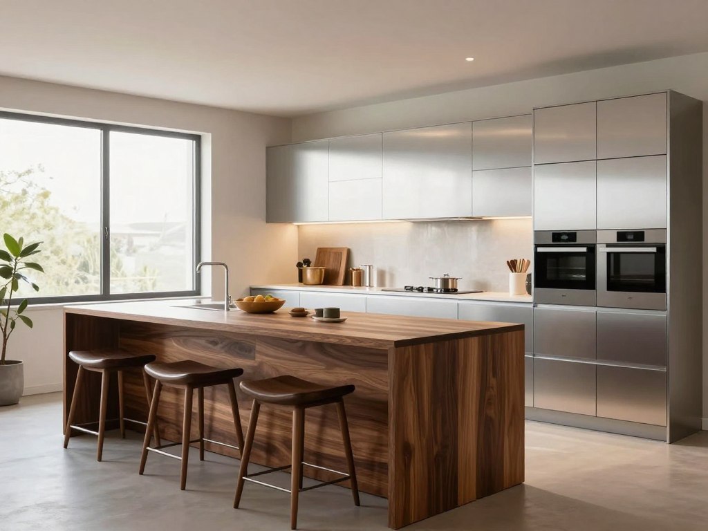 A modern kitchen design for 2026, featuring a sleek combination of aluminum and wood. In the foreground, a beautifully crafted kitchen island with a dark wood finish and elegant bar stools, set against a backdrop of shiny aluminum cabinets. The middle scene includes high-tech appliances seamlessly integrated into the cabinetry, with a minimalist aesthetic. In the background, large windows allow natural light to flood the space, enhancing the bright colors of the kitchen. The atmosphere is vibrant yet inviting, showcasing a contemporary blend of materials and colors. Use soft, warm lighting to create a cozy ambiance, with the perspective captured at eye level to emphasize the kitchen's spaciousness and open design. No text or people are included.