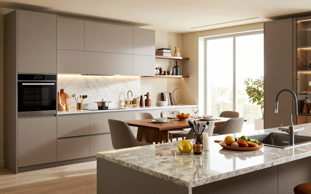 A modern kitchen design in Riyadh, showcasing a stylish layout with sleek cabinetry, top-of-the-line appliances, and elegant fixtures. In the foreground, a polished granite countertop displays kitchen tools and ingredients, hinting at meal preparation. The middle ground features a wooden dining table set for a meal, surrounded by comfortable chairs, while shelves behind hold decorative items and cookbooks. The background reveals a bright, airy room with large windows allowing natural light to pour in, highlighting the cabinetry's intricate details. Soft, warm lighting creates an inviting atmosphere, emphasizing the combination of functionality and aesthetics. The overall mood is contemporary and sophisticated, perfect for a budget-conscious audience considering kitchen design elements and costs.