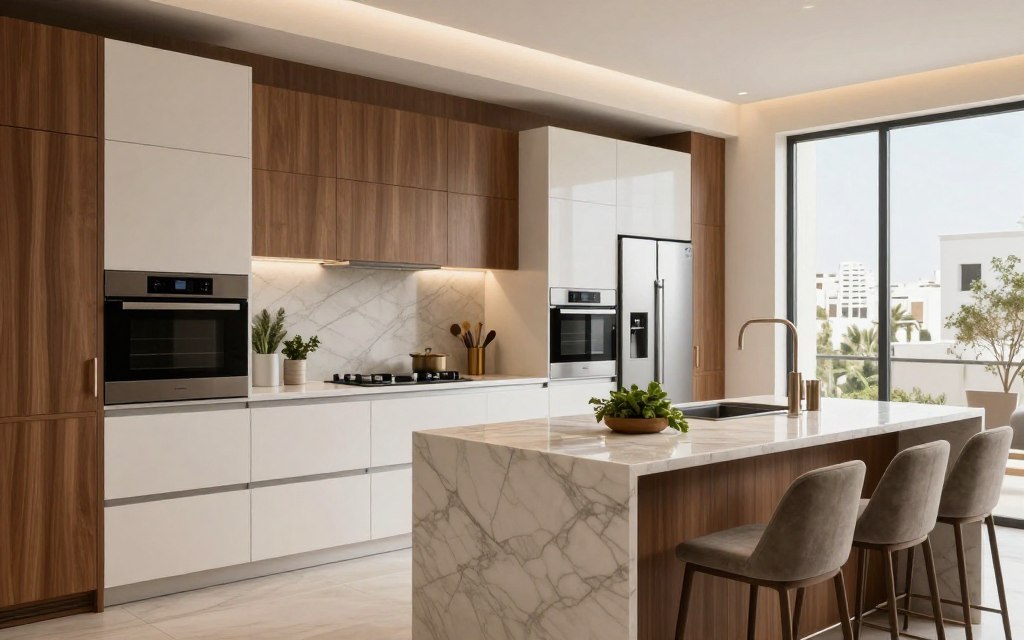 A modern kitchen design in Riyadh, showcasing innovative solutions for contemporary apartments and villas. The foreground features stylish cabinetry in sleek white and rich wooden finishes, with minimalist hardware. A central island with a polished marble countertop is adorned with fresh herbs and contemporary bar stools. In the middle layer, include high-end appliances such as a built-in fridge and a double oven, seamlessly integrated into the cabinetry. The background displays large windows allowing natural light to flood the space, enhancing the inviting atmosphere. Warm, ambient lighting complements the neutral color palette. Capture the image from a slightly elevated angle to emphasize the kitchen's spatial design and flow. The mood is sophisticated yet welcoming, embodying luxury living in Riyadh.