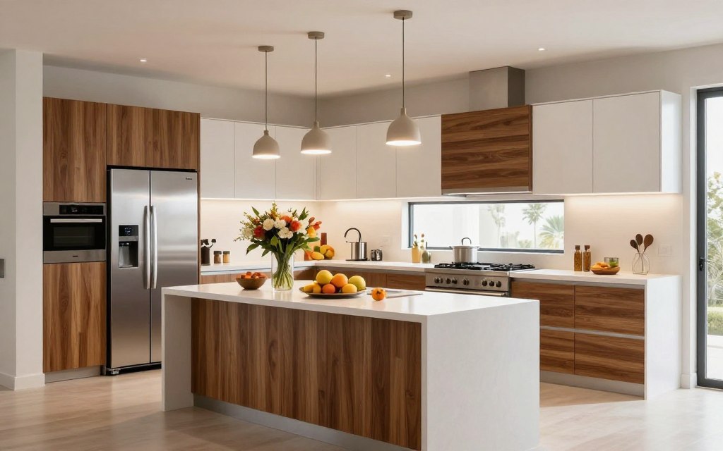 A modern kitchen design in Saudi Arabia, showcasing sleek cabinetry with a blend of warm wood tones and stylish white finishes. The foreground features an elegant kitchen island adorned with fresh fruits and a vase of flowers. In the middle, imagine high-end appliances, including a stainless steel refrigerator and a professional gas stove, coupled with trendy pendant lighting illuminating the space. The background includes large windows that let in natural light, highlighting the open layout and minimalist décor. The atmosphere is inviting and contemporary, embodying the latest trends in kitchen design. The mood is vibrant and welcoming, perfect for family gatherings or entertaining guests. The scene is captured with a wide-angle lens to emphasize space, with a warm color palette to enhance the inviting ambiance.