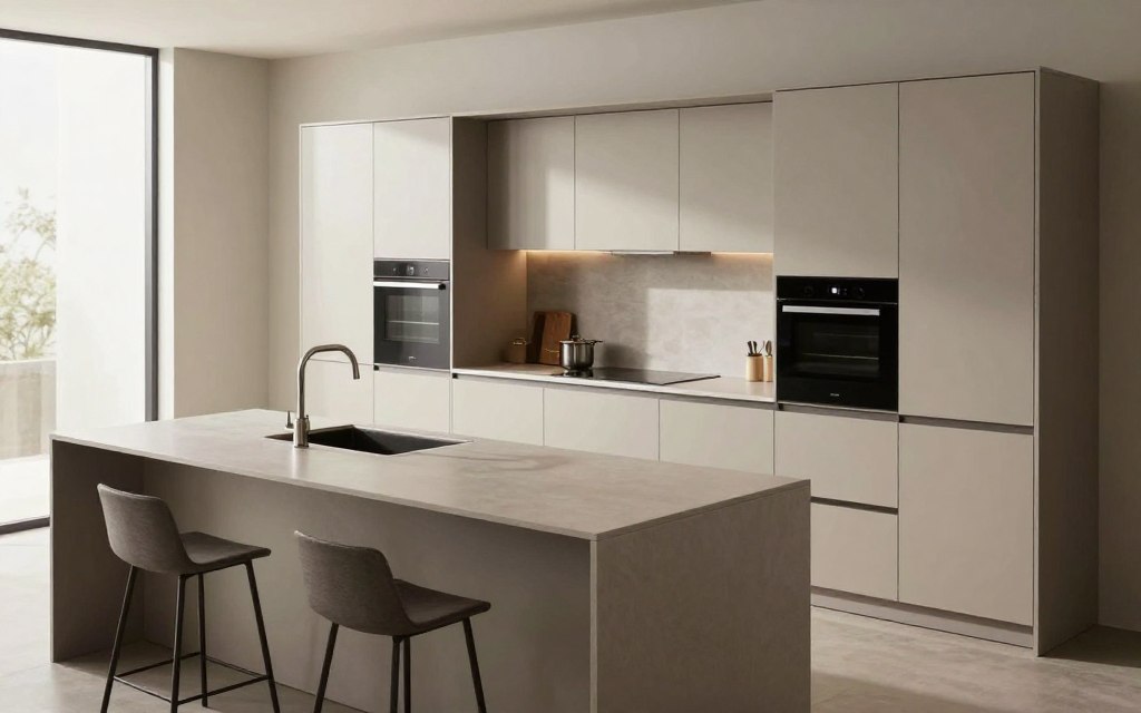 A modern kitchen design made from MDF materials, showcasing sleek cabinets and a minimalistic countertop with a contemporary sink. The foreground includes a stylish kitchen island with bar stools, emphasizing functionality and elegance. In the middle ground, the cabinetry features soft-close doors and integrated appliances, all in a neutral color palette for a sophisticated look. The background captures a spacious layout with soft, natural lighting filtering through large windows, enhancing the inviting atmosphere. The scene is shot from a slightly elevated angle to provide a comprehensive view. The overall mood is stylish and modern, reflecting the trend of affordable yet chic MDF kitchens.