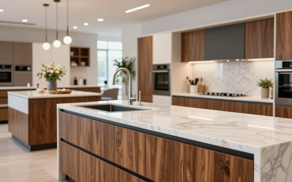 A modern kitchen design scene showcasing various materials and styles for kitchen cabinetry, countertops, and fixtures. The foreground features glossy wooden cabinets with intricate designs, a marble countertop with elegant veining, and sleek appliances. The middle ground highlights different kitchen layouts, emphasizing an open and airy space filled with natural light. The background includes soft-focus elements of decor, like stylish pot plants and modern light fixtures hanging from the ceiling. The atmosphere feels contemporary and inviting, with bright, warm lighting reminiscent of a well-lit showroom. Capture this angle as if viewed from a slightly lower perspective to provide depth and showcase the intricate details of the materials used. A modern kitchen design scene showcasing various materials and styles for kitchen cabinetry, countertops, and fixtures. The foreground features glossy wooden cabinets with intricate designs, a marble countertop with elegant veining, and sleek appliances. The middle ground highlights different kitchen layouts, emphasizing an open and airy space filled with natural light. The background includes soft-focus elements of decor, like stylish pot plants and modern light fixtures hanging from the ceiling. The atmosphere feels contemporary and inviting, with bright, warm lighting reminiscent of a well-lit showroom. Capture this angle as if viewed from a slightly lower perspective to provide depth and showcase the intricate details of the materials used.
