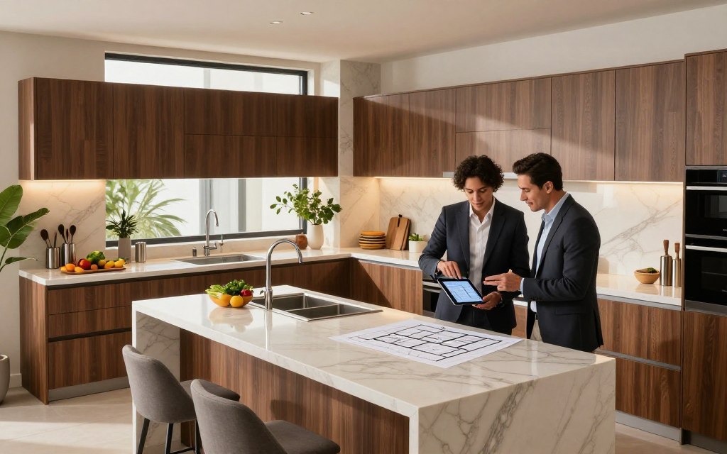 A modern kitchen design showcase in Riyadh, featuring elegant cabinetry with a blend of wood and marble textures. The foreground displays a well-lit kitchen island with bar stools, where two professionals in business attire are discussing the layout plans over a digital tablet. The middle ground includes a stylish sink and a stovetop, adorned with fresh ingredients and kitchenware. In the background, large windows let in natural light, highlighting the contemporary decor and lush plants. The atmosphere is professional and inviting, emphasizing sophistication and innovation in kitchen design. The image is captured with a wide-angle lens to give a spacious feel, enhancing the warm ambiance created by soft lighting.