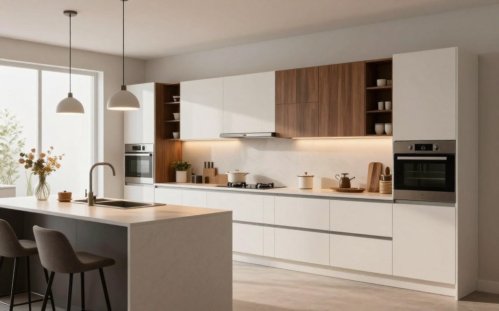 A modern kitchen design showcasing a variety of ready-made cabinets and countertops, emphasizing sleek lines and contemporary aesthetics. In the foreground, feature a stylish kitchen island with bar stools, beautifully illuminated by pendant lighting. In the middle, display an array of wall-mounted cabinets in a mix of matte white and dark wood finishes, elegantly organized with kitchen accessories and appliances. The background reveals a bright, airy space with large windows letting in natural light, enhancing the warm ambiance. Use a wide-angle lens to capture the spaciousness and a clean, minimalistic style. The overall mood should be inviting and practical, embodying a blend of modern functionality and aesthetic appeal.