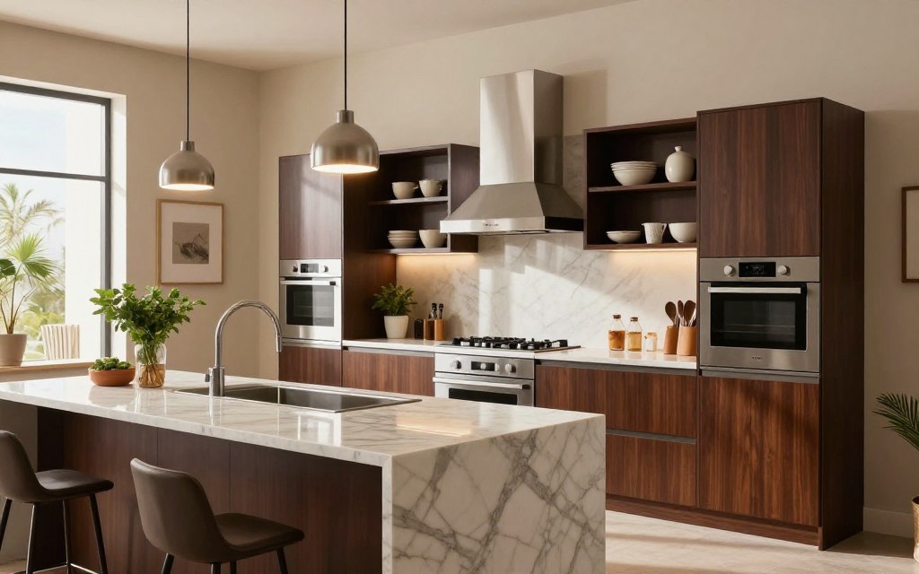 A modern kitchen display in Riyadh showcasing the best ready-made kitchens for 2026. In the foreground, a sleek, elegant kitchen island with a polished marble countertop, equipped with high-end stainless steel appliances, and stylish pendant lighting hanging above. In the middle, beautifully designed cabinetry in rich tones, featuring innovative storage solutions and open shelving adorned with decorative kitchenware. The background displays a warm, inviting ambiance with natural light streaming through large windows, highlighting decorative elements like potted herbs and ambient wall art. Soft shadows enhance the luxurious feel, while a professional photographer's lens captures the scene from a slightly elevated angle, conveying a sense of sophistication and modernity. The overall mood is fresh, inspiring, and aspirational.
