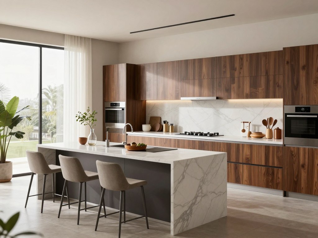 A modern kitchen display in Riyadh, showcasing the latest ready-made kitchen designs for 2026. In the foreground, a sleek kitchen island with a marble countertop, surrounded by minimalist bar stools. The middle features elegant cabinetry with a blend of rich wood and contemporary finishes, complemented by stylish appliances. In the background, large windows allow soft, natural light to flood the space, enhancing the bright and airy atmosphere. A few decorative plants and contemporary kitchen accessories add a cozy touch. The scene is captured from a slightly elevated angle, emphasizing the open layout and modern aesthetics, creating a welcoming and sophisticated mood, perfect for showcasing the latest kitchen trends.