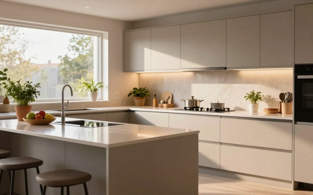 A modern kitchen featuring PVC cabinetry in a sleek design. In the foreground, focus on a stylish kitchen island with a polished countertop and integrated appliances. The middle ground showcases elegant, light-tone PVC cabinets with a minimalist aesthetic, complemented by contemporary hardware. In the background, large windows allow natural sunlight to flood the space, enhancing the warm and inviting atmosphere. Soft, ambient lighting creates a cozy yet sophisticated mood. The kitchen is adorned with potted herbs and tasteful decor, emphasizing functionality and style. The angle captures an inviting workspace, perfect for culinary creativity. The overall scene conveys a balance of cost-effective quality and modern design in kitchens.