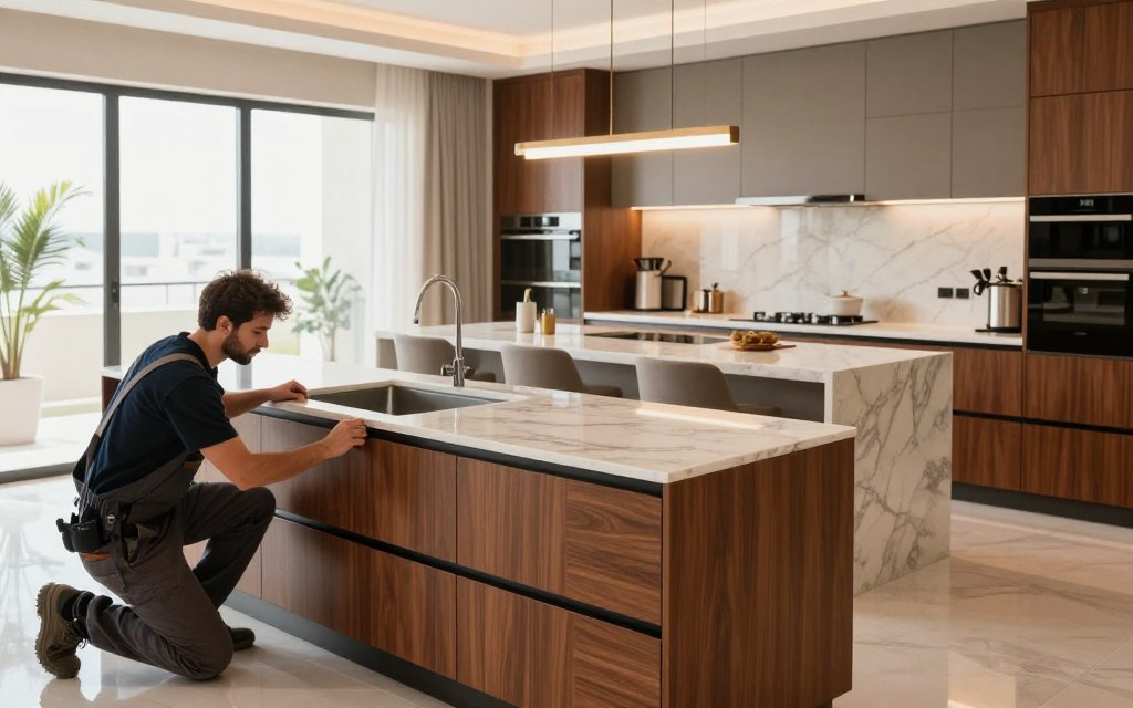 A modern kitchen installation scene in Riyadh, showcasing a beautiful, contemporary kitchen design. In the foreground, a skilled installer in professional attire is fitting sleek, high-quality cabinets and countertops made of rich wood and polished marble. The middle ground features a stylish kitchen island with minimalist bar stools and elegant lighting fixtures hanging above. In the background, large windows let in natural light, illuminating the vibrant colors of the kitchen. The setting should feel warm and inviting, emphasizing a blend of functionality and sophistication. The focus is on craftsmanship and attention to detail, with a hint of luxury that inspires confidence in kitchen installation services.