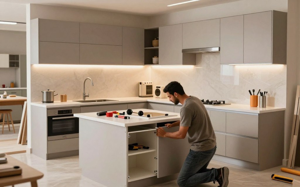 A modern kitchen installation scene in Riyadh, showcasing a stylish 2-meter kitchen layout designed for efficiency and aesthetics. The foreground features a skilled professional in modest casual clothing, expertly assembling cabinets and fixtures, with tools neatly arranged. In the middle ground, a sleek countertop with contemporary appliances and elegant lighting creates a lively and inviting atmosphere. The background showcases a well-lit workshop setting with glimpses of other kitchen designs, emphasizing the craftsmanship involved in kitchen installation and maintenance. Soft, natural lighting casts a warm glow, and the angle captures both the intricacies of the installation and the overall spaciousness of the environment. The mood is professional yet approachable, reflecting the expertise in kitchen design and assembly in Riyadh.
