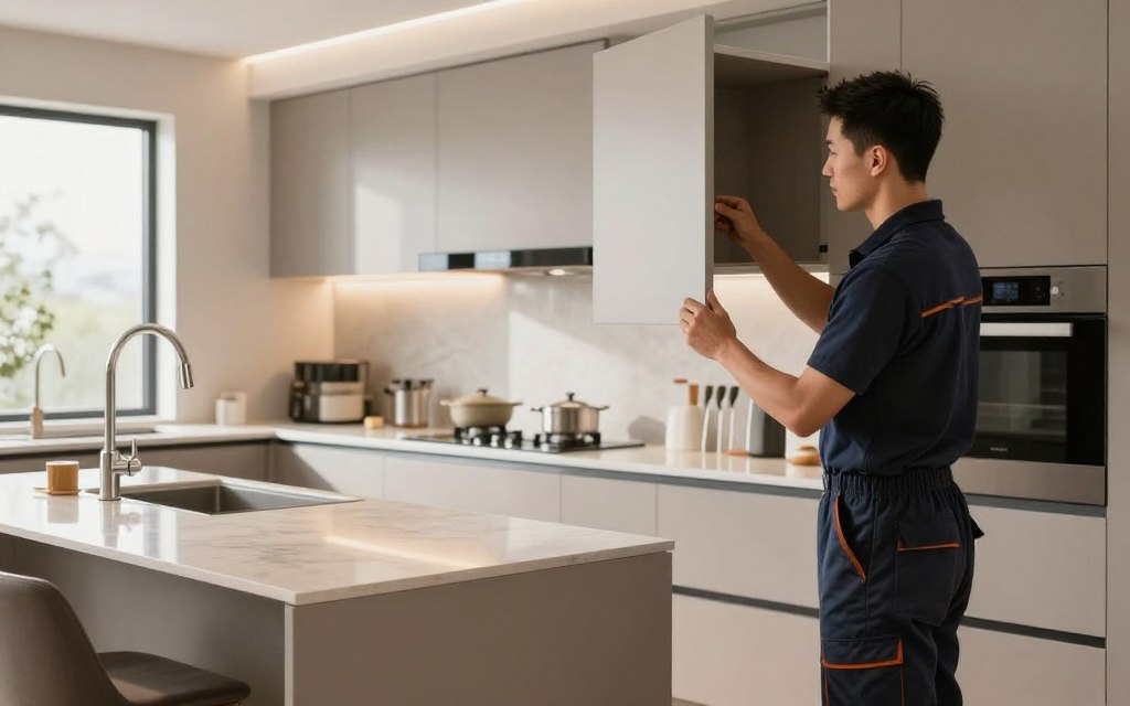 A modern kitchen installation scene showcasing an elegant kitchen setup with sleek cabinets and state-of-the-art appliances. In the foreground, a professional installer, dressed in a smart uniform, meticulously adjusts a kitchen cabinet, demonstrating a focus on precision and skill. In the middle ground, beautifully arranged kitchen elements like polished countertops and stylish fixtures are visible, highlighting the quality and design of ready-made kitchens. The background features a softly lit room, creating a warm and inviting atmosphere, with natural light pouring in from a large window. The overall mood conveys efficiency and sophistication, embodying the essence of quick installation services, ideal for a modern lifestyle.