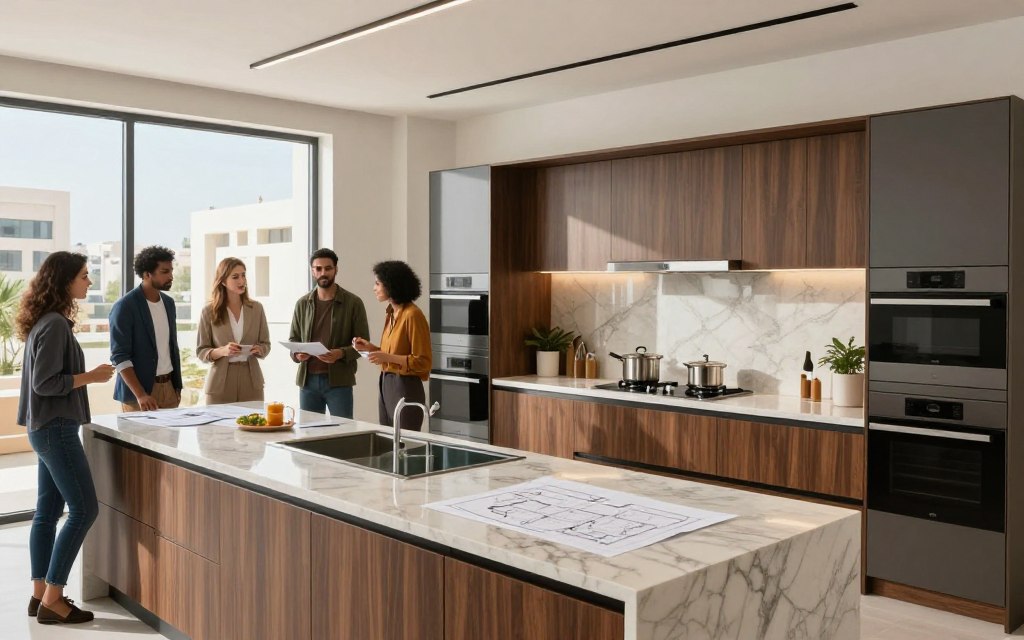 A modern kitchen setup in Riyadh, showcasing sleek cabinetry and elegant countertops, emphasizing a range of different materials and finishes like wood, granite, and glass. In the foreground, a professional designer sketches kitchen layouts with a diverse group of individuals discussing options, all dressed in smart casual attire. The middle section features the kitchen in a well-lit area, with stylish appliances and ample storage spaces, demonstrating functionality and aesthetic appeal. The background includes a sunny window view of contemporary buildings in Riyadh, creating a bright, inviting atmosphere. Soft natural lighting enhances the colors and textures, while a wide-angle perspective captures the entirety of the kitchen space, conveying a sense of modern luxury and practicality.