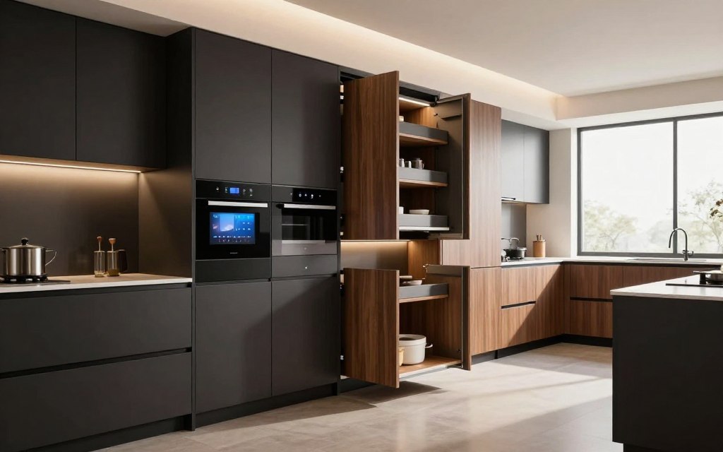 A modern kitchen showcasing innovative cabinet technology and ingenious storage systems. In the foreground, sleek and minimalist cabinetry with integrated smart features and soft-close mechanisms, reflecting high-end materials like matte black and polished wood. In the middle ground, an organized pull-out pantry with labeled compartments and built-in lighting to highlight the accessibility. In the background, large windows allow natural light to flood the space, enhancing the contemporary interior design. The scene is well-lit, evoking a warm yet sophisticated atmosphere, with a wide-angle lens perspective to capture the entire kitchen layout. Emphasize an uncluttered, aesthetically pleasing design that embodies the essence of modern kitchen innovations. A modern kitchen showcasing innovative cabinet technology and ingenious storage systems. In the foreground, sleek and minimalist cabinetry with integrated smart features and soft-close mechanisms, reflecting high-end materials like matte black and polished wood. In the middle ground, an organized pull-out pantry with labeled compartments and built-in lighting to highlight the accessibility. In the background, large windows allow natural light to flood the space, enhancing the contemporary interior design. The scene is well-lit, evoking a warm yet sophisticated atmosphere, with a wide-angle lens perspective to capture the entire kitchen layout. Emphasize an uncluttered, aesthetically pleasing design that embodies the essence of modern kitchen innovations.