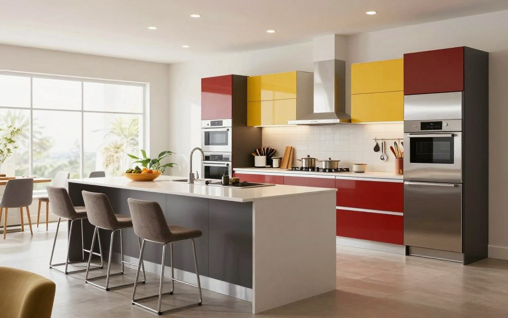 A modern kitchen showroom featuring a stylish ready-made kitchen installation in a spacious, well-lit environment. In the foreground, showcase a sleek kitchen island with elegant bar stools, surrounded by high-quality cabinetry and stainless steel appliances. In the middle, display organized kitchen accessories and utensils to emphasize functionality and design. The background includes large windows allowing natural light to flood the space, enhancing the vibrant color scheme of the kitchen. The mood is welcoming and professional, perfect for potential buyers. The focus is on the kitchen's beauty and practicality, captured with a wide-angle lens to emphasize spaciousness and clarity, with soft, diffused lighting accentuating the textures and finishes. A modern kitchen showroom featuring a stylish ready-made kitchen installation in a spacious, well-lit environment. In the foreground, showcase a sleek kitchen island with elegant bar stools, surrounded by high-quality cabinetry and stainless steel appliances. In the middle, display organized kitchen accessories and utensils to emphasize functionality and design. The background includes large windows allowing natural light to flood the space, enhancing the vibrant color scheme of the kitchen. The mood is welcoming and professional, perfect for potential buyers. The focus is on the kitchen's beauty and practicality, captured with a wide-angle lens to emphasize spaciousness and clarity, with soft, diffused lighting accentuating the textures and finishes.