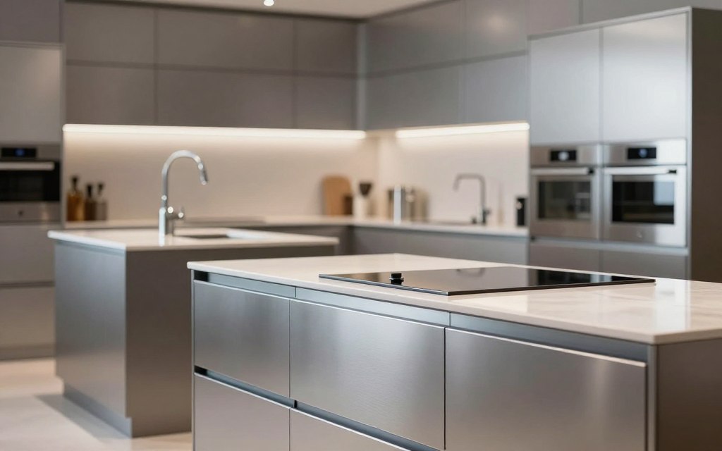 A modern kitchen showroom featuring high-quality aluminum kitchen designs from the elite brand. The foreground displays sleek ergonomic cabinets with a polished aluminum finish, showcasing their elegance and modernity. The middle ground includes a stylish kitchen island with a striking countertop and built-in appliances, reflecting contemporary design trends. The background features soft, diffused lighting that illuminates the showroom, highlighting the metallic textures and colors of the kitchens. Use a shallow depth of field to draw attention to the fine details, with an overall ambiance that feels inviting and sophisticated. The atmosphere should evoke a sense of luxury and functionality, ideal for potential customers exploring premium kitchen options.