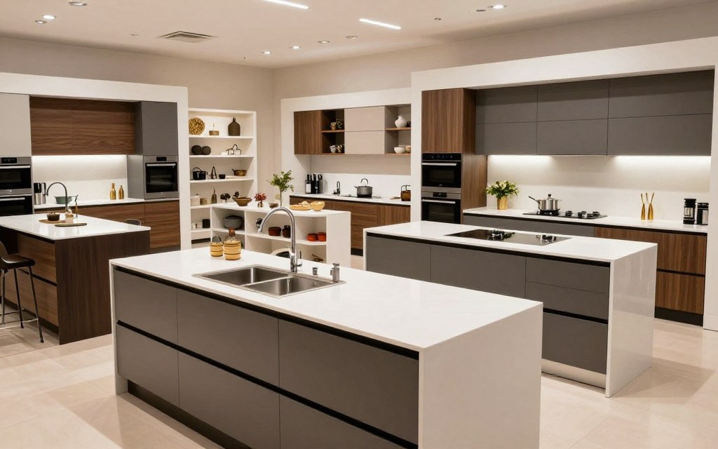 A modern kitchen showroom in Riyadh featuring sleek, ready-to-install kitchen designs. In the foreground, display a stylish kitchen island with elegant cabinetry, polished countertops, and high-end appliances. Include a variety of kitchen styles, from minimalist to contemporary, showcasing different materials like wood and metal. In the middle, include well-organized displays of kitchen accessories, such as stylish cookware and decorative items. The background should have a well-lit, spacious environment with bright LED lighting reflecting off the surfaces, creating a welcoming atmosphere. Capture the scene from a slightly elevated angle to highlight the layout and elegance of the kitchens. Aim for a professional and inviting mood that encourages viewers to consider these ready-made kitchen solutions.