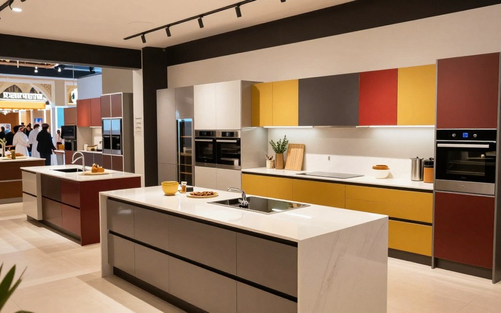 A modern kitchen showroom in Riyadh, showcasing a variety of kitchen designs and styles for 2026. In the foreground, an elegant kitchen island with glossy countertops and minimalistic features. The middle ground features different kitchen setups, including traditional and contemporary styles with sleek cabinets and innovative appliances. Bright LED lighting illuminates the space, enhancing the vibrant colors of the cabinets and walls. The background captures the essence of a bustling marketplace, with subtle hints of architectural elements unique to Riyadh. The atmosphere is vibrant and inviting, reflecting trends in kitchen design, while a warm color palette conveys a sense of modern luxury. The image is taken from a slight angle, creating depth and inviting viewers into the scene.