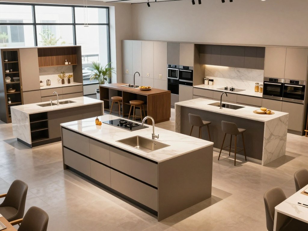 A modern kitchen showroom in Riyadh, showcasing a variety of ready-made kitchen designs for 2026. In the foreground, display a sleek island with integrated appliances, surrounded by elegant cabinetry in warm, neutral tones. The middle ground features various kitchen setups, highlighting innovative storage solutions and stylish countertops. In the background, large windows let in natural light, illuminating the space and creating a welcoming atmosphere. Soft shadows and reflections enhance the allure of the materials used. The composition should evoke a sense of luxury and practicality, appealing to customers seeking contemporary kitchen solutions. Capture the ambiance with a slightly elevated angle, focusing on convenience and aesthetic pleasure to reflect current trends in kitchen design.