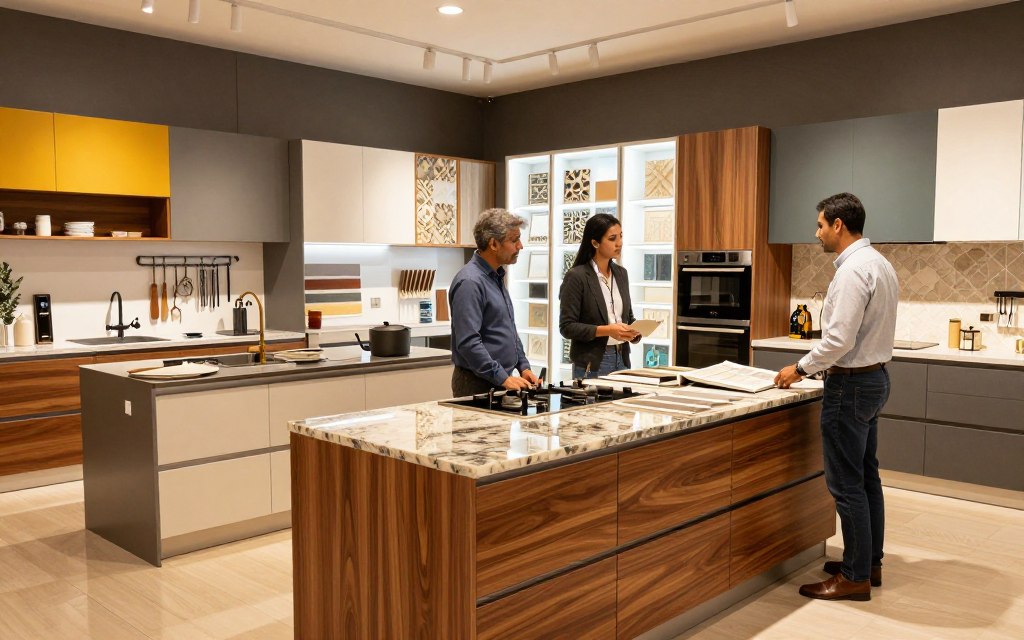A modern kitchen showroom in Riyadh, showcasing elegant, custom-designed kitchens. In the foreground, a sleek, contemporary kitchen island made of rich wood with polished granite countertops. Professional designers in modest business attire examine kitchen samples, discussing features, surrounded by an array of cabinetry, fixtures, and appliances. The middle ground features a variety of kitchen styles from modern to traditional, each well-lit with soft, warm lighting. The background is filled with bright, inviting displays of tiles and backsplash options, creating an atmosphere of inspiration and creativity. A wide-angle lens captures the spaciousness of the showroom, emphasizing the vibrant colors and textures of the kitchens on display, promoting a mood of excitement and innovation in kitchen design.