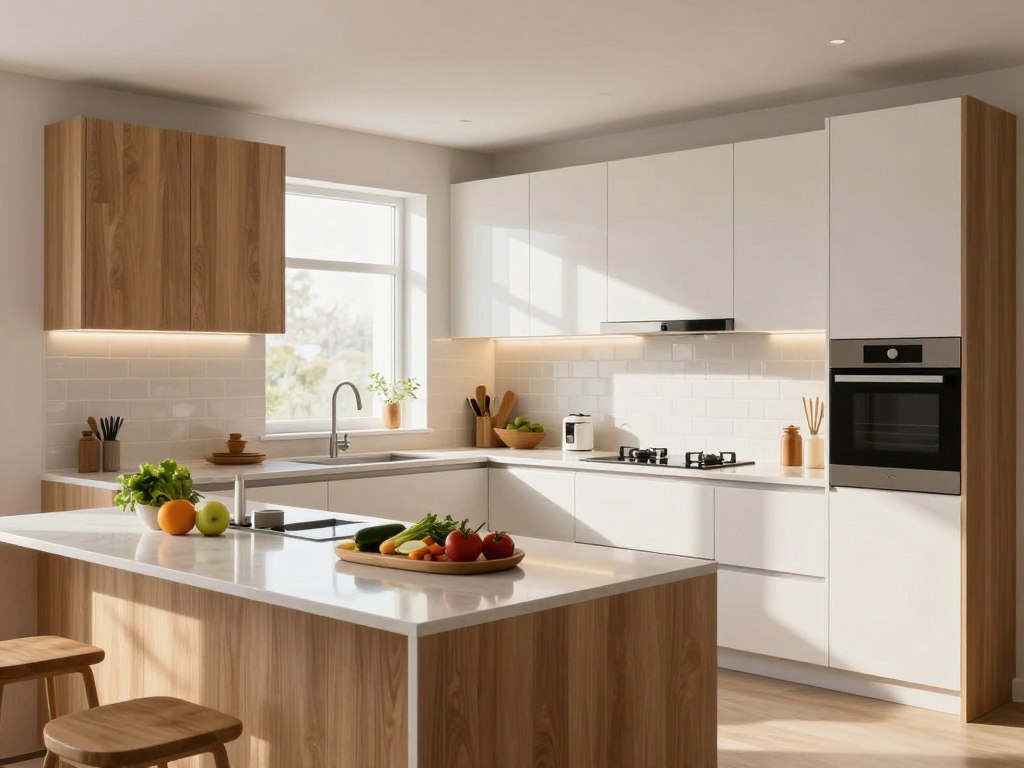 A modern, stylish kitchen featuring sleek cabinetry and minimalist design. The foreground showcases a spacious island with a polished countertop, adorned with fresh vegetables and kitchen utensils. In the middle, the kitchen has bright, seamless cabinetry in a warm wood tone and glossy white finishes, integrated appliances, and a chic backsplash of subway tiles. The background reveals a bright window allowing natural light to flood in, enhancing the space's airy feel. The overall atmosphere is inviting and contemporary, perfect for a 2026 design aesthetic. Soft, diffused lighting casts gentle shadows, creating a cozy ambiance. Capture this scene from a slightly elevated angle to emphasize the layout and functionality, and ensure the composition is clean and focused with no text or watermarks.