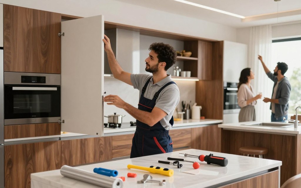 A professional kitchen installation service in Riyadh, showcasing a skilled technician in smart business attire meticulously assembling modern kitchen cabinets. In the foreground, tools and materials are neatly arranged, highlighting a work-in-progress kitchen setup. The middle ground features a stylish, contemporary kitchen design with sleek cabinetry and high-quality appliances, reflecting the latest trends in 2026. The background shows a customer admiring the progress, creating a sense of client engagement. The lighting is bright and inviting, simulating natural daylight to enhance the warm wood tones and elegant finishes. The overall mood is optimistic and professional, conveying reliability and quality in after-sales service and kitchen installation. A professional kitchen installation service in Riyadh, showcasing a skilled technician in smart business attire meticulously assembling modern kitchen cabinets. In the foreground, tools and materials are neatly arranged, highlighting a work-in-progress kitchen setup. The middle ground features a stylish, contemporary kitchen design with sleek cabinetry and high-quality appliances, reflecting the latest trends in 2026. The background shows a customer admiring the progress, creating a sense of client engagement. The lighting is bright and inviting, simulating natural daylight to enhance the warm wood tones and elegant finishes. The overall mood is optimistic and professional, conveying reliability and quality in after-sales service and kitchen installation.
