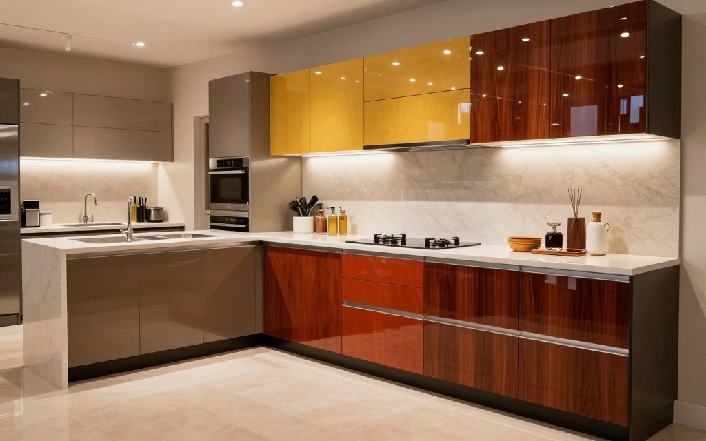 A stunning kitchen display featuring modern MDF and PVC cabinetry, showcasing a variety of styles and colors. In the foreground, sleek MDF cabinets with a glossy finish, complemented by elegant handles. The middle ground features a vibrant PVC cabinet with a textured surface, highlighting its durability and aesthetic appeal. The background includes a well-lit and spacious kitchen environment with warm lighting, accentuating the richness of the materials. A stylish countertop with kitchen accessories adds realism. The scene is captured from a slightly elevated angle, giving a comprehensive view of the kitchen layout. The atmosphere is inviting and professional, perfect for showcasing the latest in kitchen design trends in Riyadh. A stunning kitchen display featuring modern MDF and PVC cabinetry, showcasing a variety of styles and colors. In the foreground, sleek MDF cabinets with a glossy finish, complemented by elegant handles. The middle ground features a vibrant PVC cabinet with a textured surface, highlighting its durability and aesthetic appeal. The background includes a well-lit and spacious kitchen environment with warm lighting, accentuating the richness of the materials. A stylish countertop with kitchen accessories adds realism. The scene is captured from a slightly elevated angle, giving a comprehensive view of the kitchen layout. The atmosphere is inviting and professional, perfect for showcasing the latest in kitchen design trends in Riyadh.