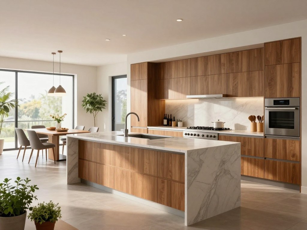 A stunning modern kitchen design for 2026, featuring sleek cabinetry in a warm wood finish, a spacious central island with a glossy marble countertop, and state-of-the-art stainless steel appliances. In the foreground, delicate potted herbs add a touch of greenery. The middle ground showcases the open layout with a dining area that connects seamlessly, adorned with contemporary lighting fixtures hanging above. The background includes large windows that flood the space with natural light, highlighting the bright and airy atmosphere. Utilize soft, diffused lighting to create a warm, inviting mood. Capture the scene from a slightly elevated angle to emphasize the kitchen’s spaciousness and modern design elements, without any people or text present in the image.