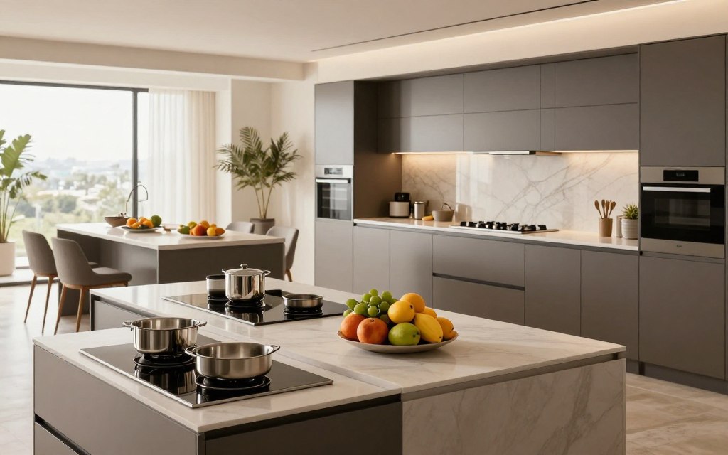 A stylish modern kitchen showcase in Riyadh for 2026, featuring sleek cabinetry and elegant countertops. The foreground includes well-organized kitchenware, an array of colorful fruits, and contemporary appliances, all meticulously arranged. In the middle ground, a beautifully designed kitchen island with bar stools embodies luxury and function. The background reveals a spacious and bright room with large windows allowing natural light to flood in, enhancing the warm color palette of the kitchen. The atmosphere is inviting and sophisticated, suggesting both comfort and modernity. Use soft, diffused lighting to create an airy feel, and capture the scene with a slightly elevated angle to showcase the kitchen’s layout and design effectively.