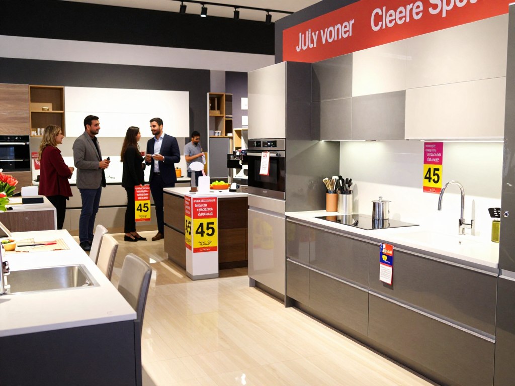 A vibrant scene depicting a stylish kitchen showcase in Riyadh, highlighting July clearance sales on ready-made kitchens. In the foreground, a modern kitchen with sleek cabinets and contemporary appliances gleams under bright LED lighting, showcasing a variety of finishes. The middle features elegant display stands adorned with colorful price tags indicating discounts of up to 45%. In the background, a well-lit showroom atmosphere with cheerful customers browsing the options and knowledgeable sales representatives dressed in professional attire, engaging in discussions. The ambiance exudes excitement and opportunity, with a sense of urgency reflected in the bright colors and dynamic composition. The angle captures the kitchen designs in sharp focus, with a slight blur on the background to emphasize the featured products.