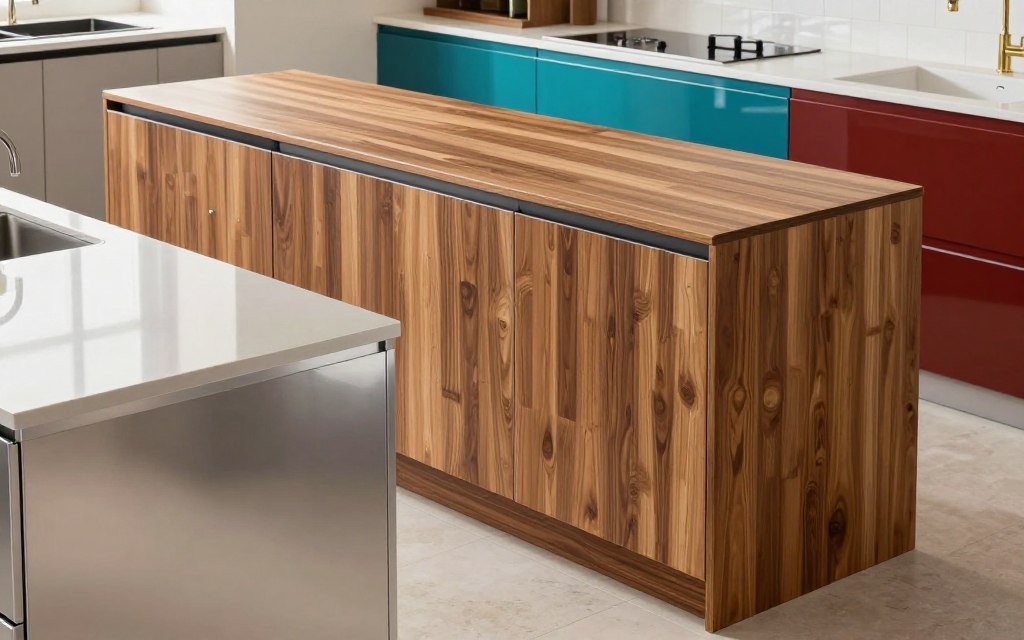 A visually striking comparison of the most popular kitchen materials in Riyadh: an elegant kitchen setting showcasing three distinct sections. In the foreground, a beautifully crafted aluminum cabinetry with sleek lines and a polished finish, reflecting modern design; in the middle, rich, textured MDF cabinets in a warm, inviting tone, highlighting their durability; and in the background, glossy PVC cabinetry, exhibiting a vibrant color palette. The scene is illuminated with soft, natural lighting, emphasizing the different textures and finishes. Use a slightly elevated angle to capture depth and detail, creating a harmonious and professional atmosphere, suitable for a high-quality kitchen showcase.