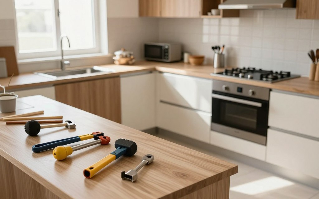 A well-designed kitchen setup in Riyadh showcasing common mistakes in purchasing cheap kitchens. In the foreground, focus on a countertop cluttered with poor-quality installation tools and mismatched cabinet finishes to symbolize common errors. The middle features a low-budget kitchen with visibly thin countertops and crooked cabinets, highlighting poor workmanship and design flaws. In the background, a bright, airy kitchen area with natural lighting flooding through a window, drawing attention to the contrast between ideal and flawed. Use a warm, inviting color palette to create a cautionary yet engaging atmosphere. Capture the scene from a slightly elevated angle to provide an overview of the kitchen layout while emphasizing its pitfalls. No captions or text overlays. A well-designed kitchen setup in Riyadh showcasing common mistakes in purchasing cheap kitchens. In the foreground, focus on a countertop cluttered with poor-quality installation tools and mismatched cabinet finishes to symbolize common errors. The middle features a low-budget kitchen with visibly thin countertops and crooked cabinets, highlighting poor workmanship and design flaws. In the background, a bright, airy kitchen area with natural lighting flooding through a window, drawing attention to the contrast between ideal and flawed. Use a warm, inviting color palette to create a cautionary yet engaging atmosphere. Capture the scene from a slightly elevated angle to provide an overview of the kitchen layout while emphasizing its pitfalls. No captions or text overlays.