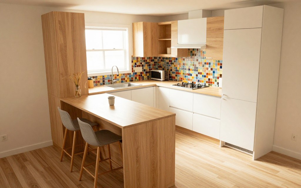 An inviting small kitchen design perfectly suited for limited spaces. In the foreground, showcase sleek, modern cabinetry with a combination of light wood and white finishes, complemented by minimalist hardware. The middle features a compact island that doubles as a dining area, adorned with stylish bar stools. The backsplash is a vibrant mosaic of colorful tiles, adding a pop of energy. In the background, natural light streams in through a small window, illuminating the room with a warm glow. The angle is a slight bird's-eye view, providing a complete layout, while maintaining an atmosphere of warmth and functionality. Ideal for illustrating economical kitchen solutions for small areas.